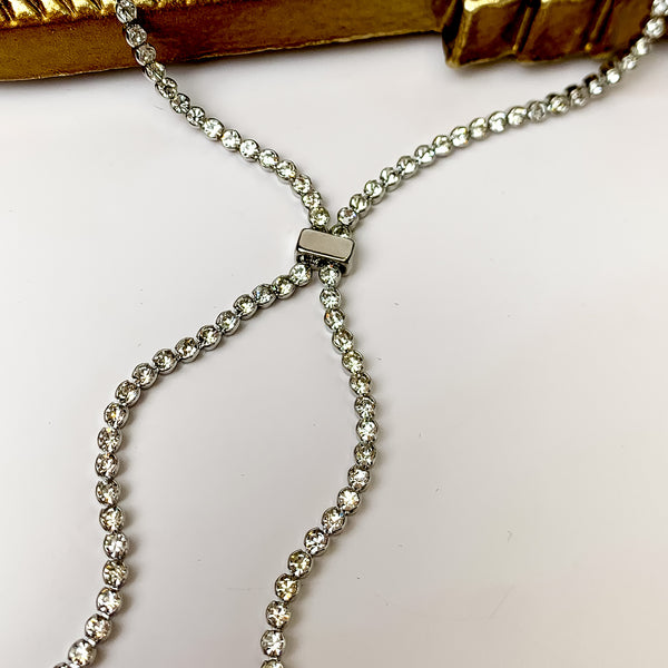 Glamorous Silver Tone Y Necklace With Clear Crystals