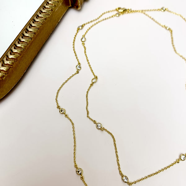 Simple Long Gold Tone Necklace With Clear Crystals