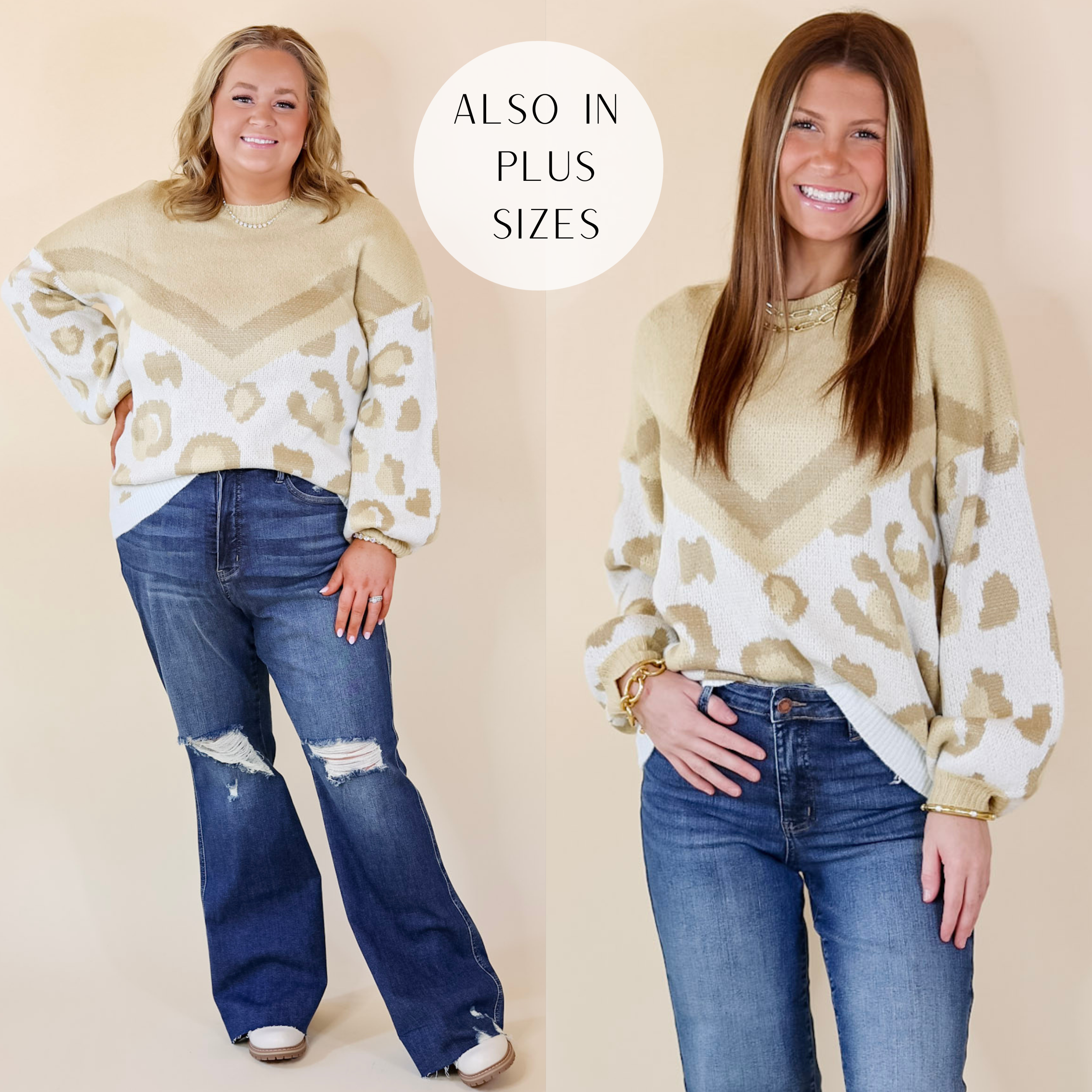 Image of Thankful Thoughts Leopard Print and Chevron Print Block Sweater in Beige