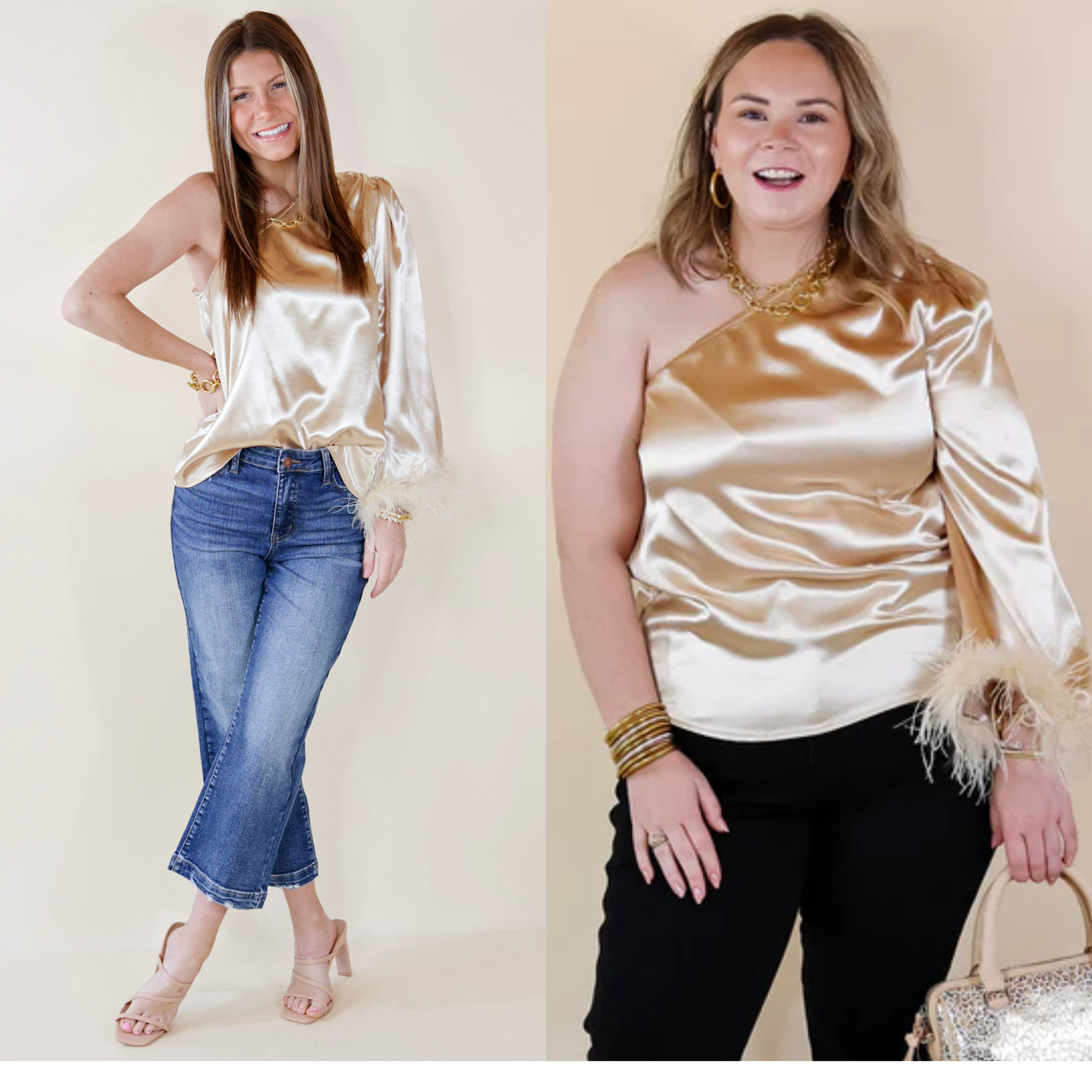 Image of Full On Fashionista One Shoulder Satin Blouse with Feather Trim in Champagne