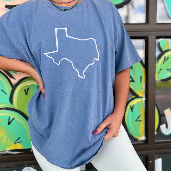 Texas Embroidered Short Sleeve Graphic Tee in Blue Jean
