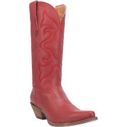 A red leather cowboy boot with a short heel, red artistic design across the front, leather straps, and white stitching. Item is pictured on a simple white background