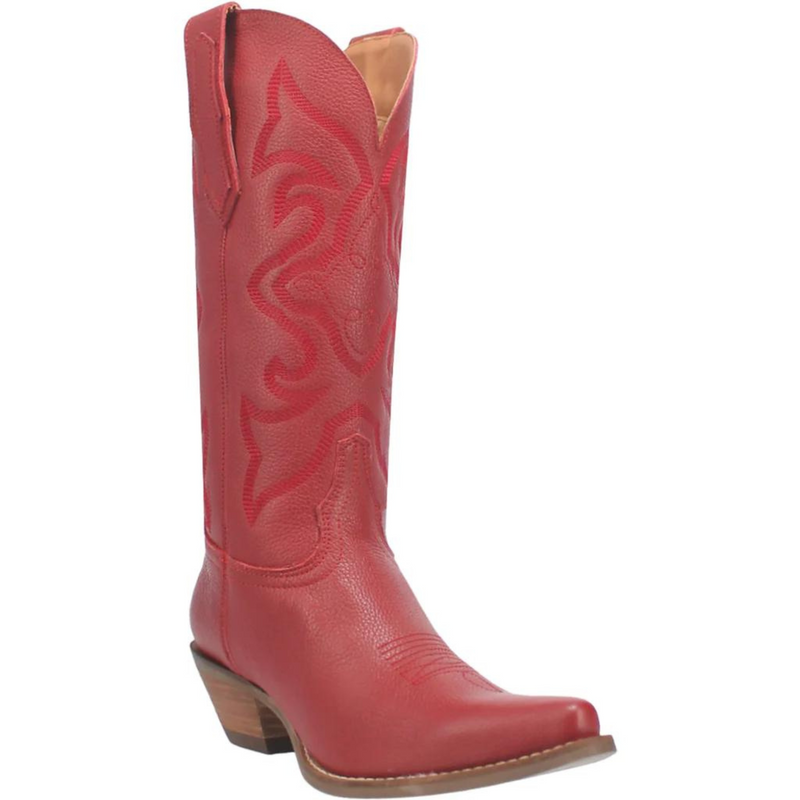 A red leather cowboy boot with a short heel, red artistic design across the front, leather straps, and white stitching. Item is pictured on a simple white background