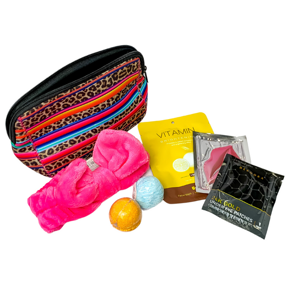 one neoprene makeup bag, one luxury head wrap with bow, facial mask treat, collagen eye treatment, lip mask and bath bombs