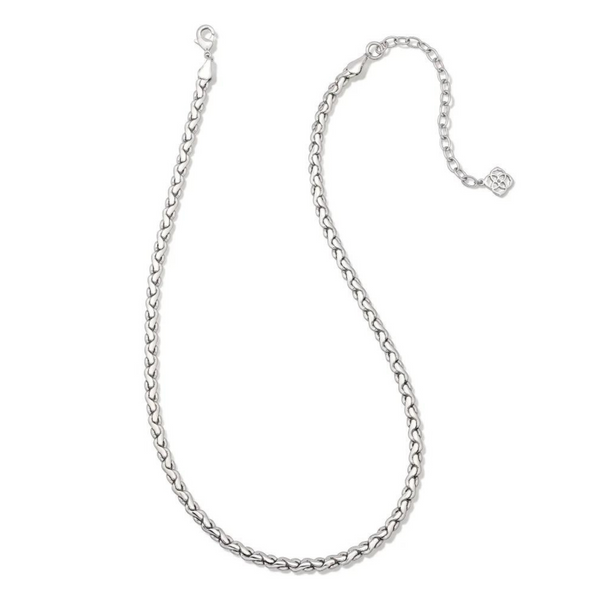 Adjustable chain necklace in silver. This necklace is pictured on a white background. 