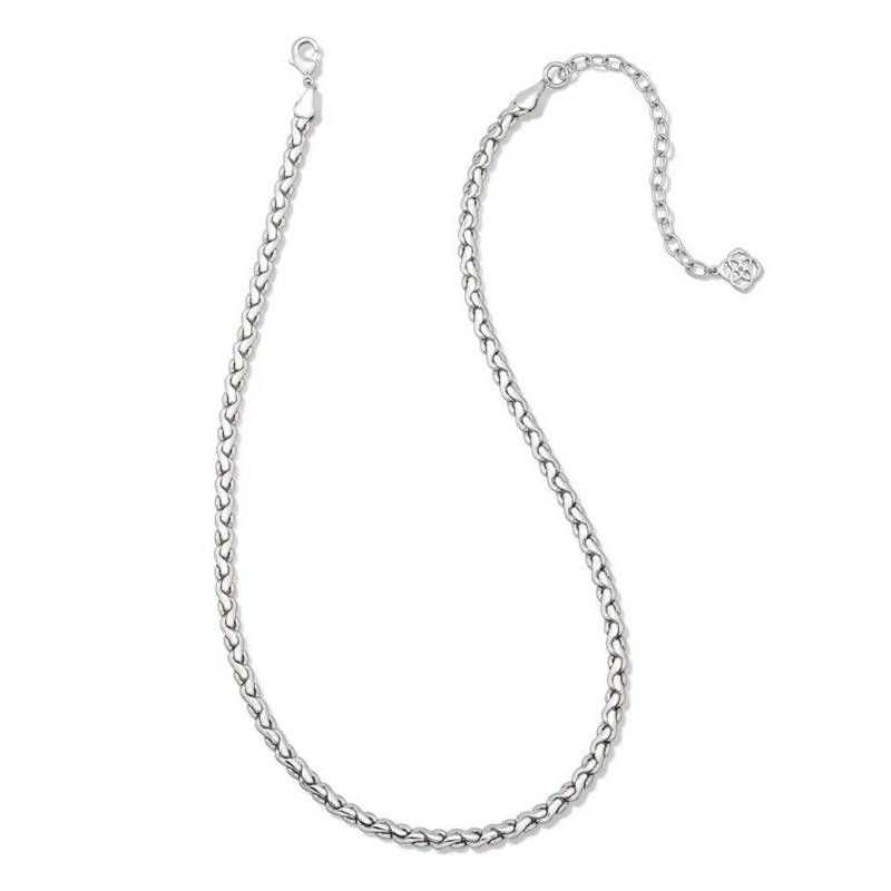 Adjustable chain necklace in silver. This necklace is pictured on a white background. 