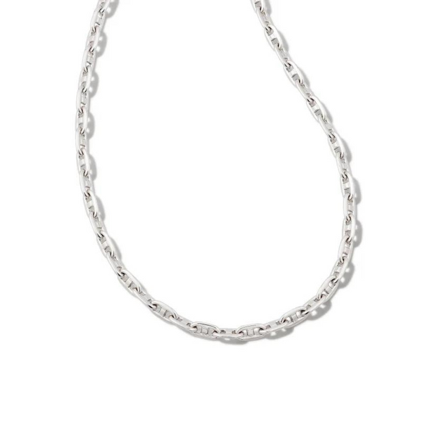 Silver chain necklace pictured on a white background. 