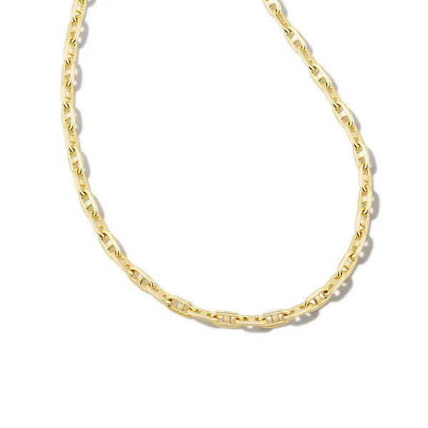 Gold chain necklace pictured on a white background. 