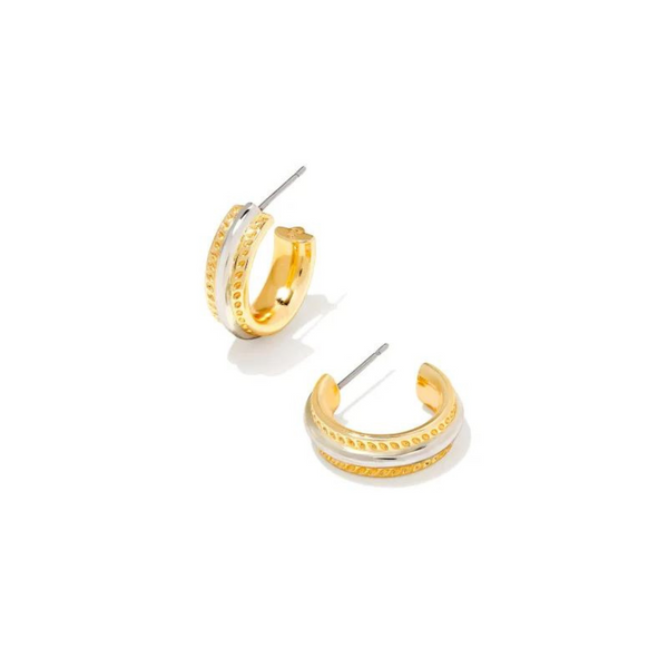 Pictured on a white background are a set gold hoop earrings with a silver center stripe. 