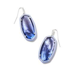 Pictured on a white background is a pair of oval shaped silver and lavender earrings. These earrings include a silver fish hook. 