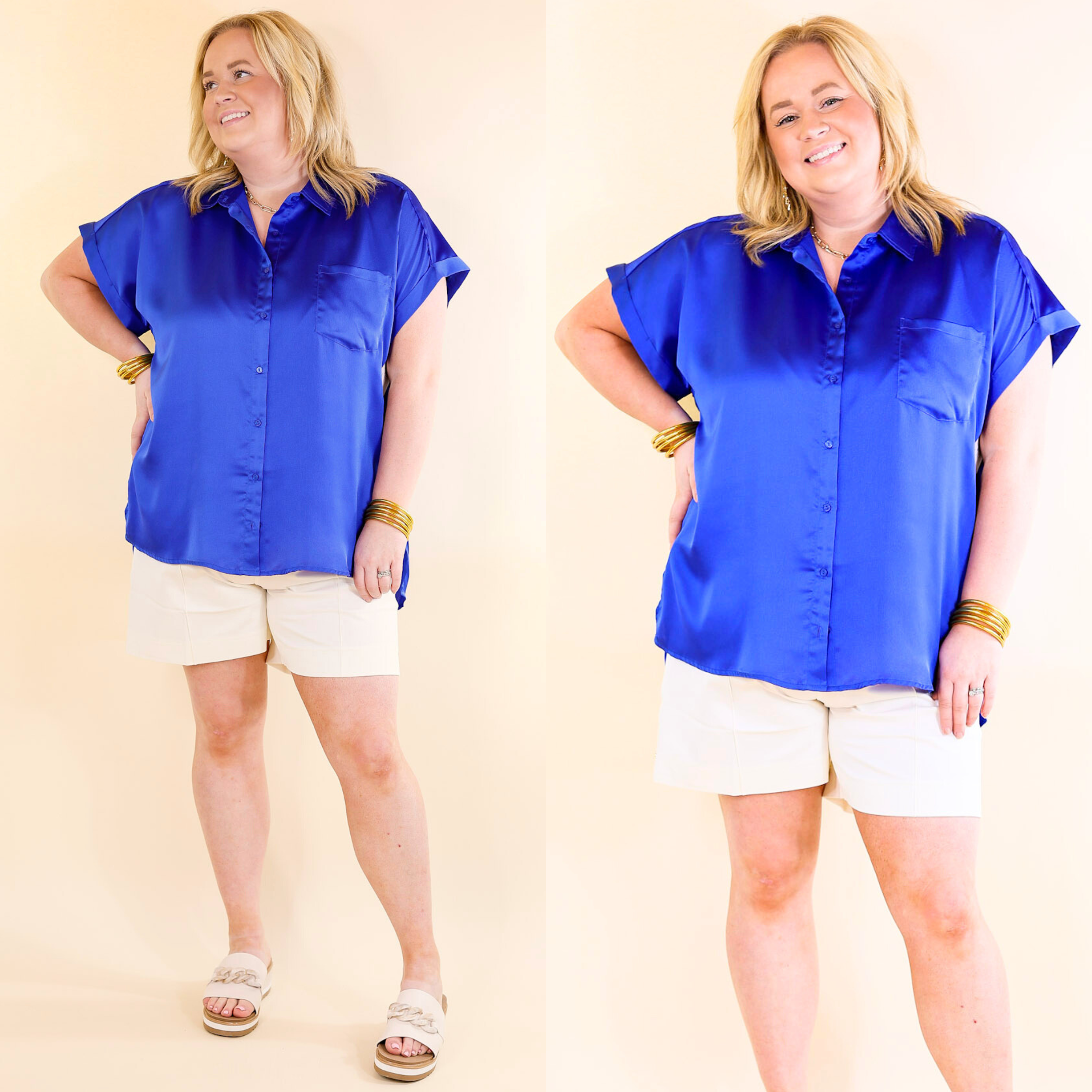 Image of Free To Be Fab Button Up Short Sleeve Top in Royal Blue