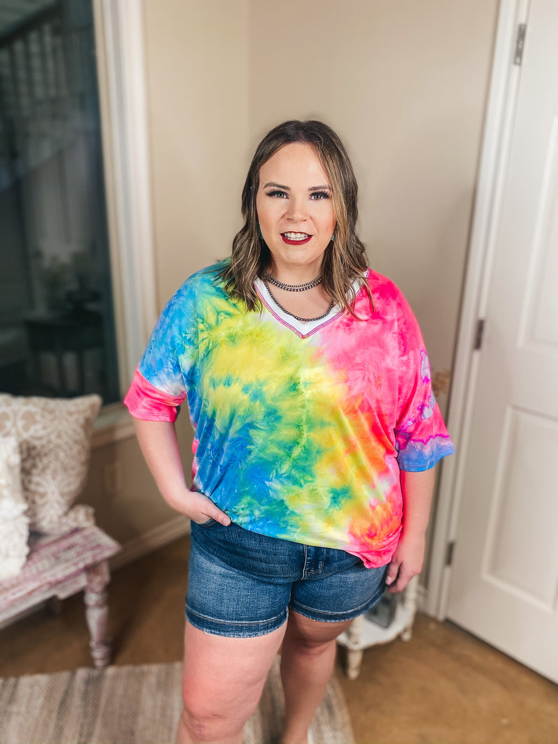 Bright Forecasts Tie Dye V Neck Top in Neon Pink, Yellow, and Blue