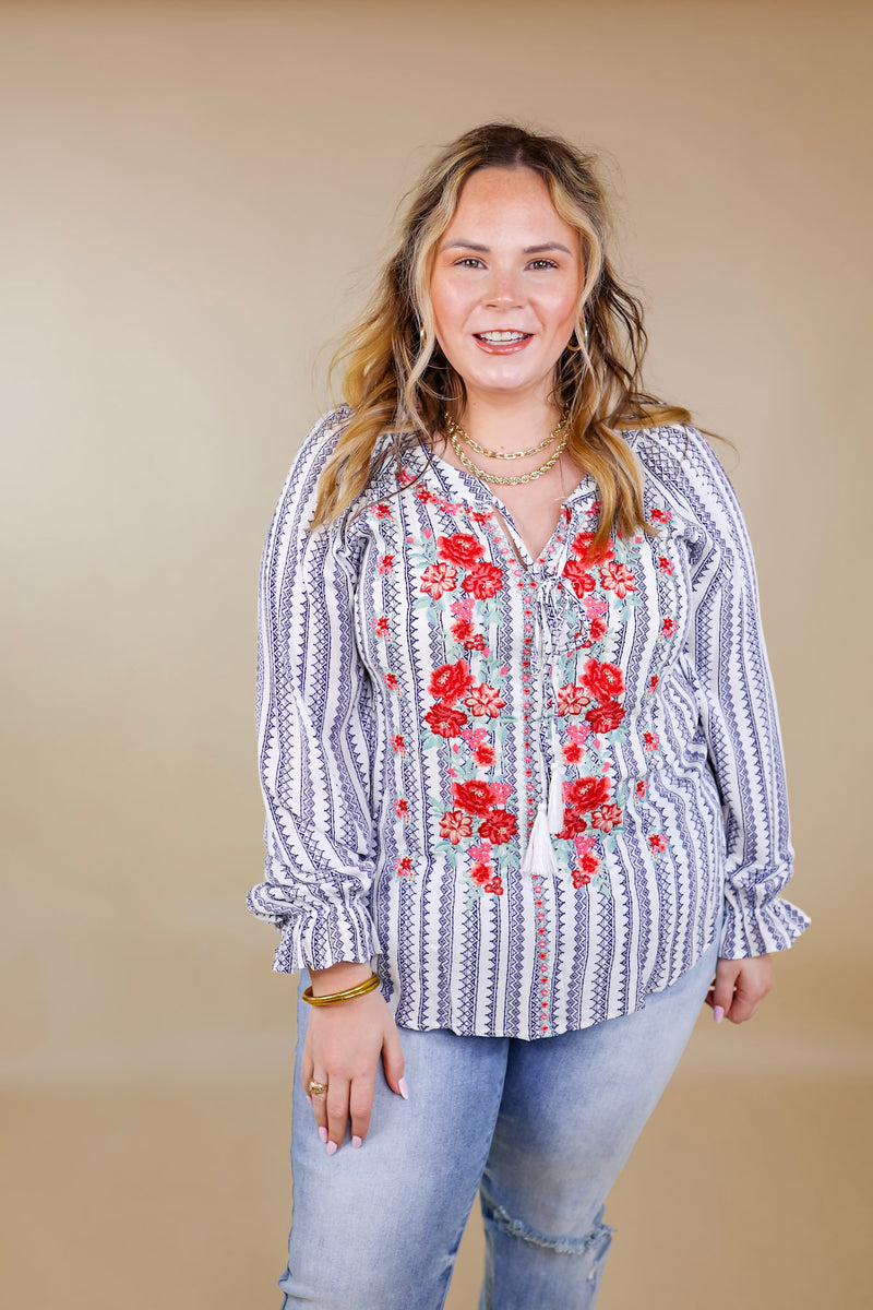 Blissful Beginnings Floral Embroidered Top with Keyhole and Tie Neck in Navy and White