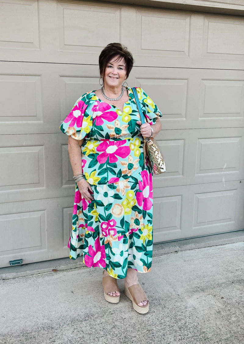 Gramercy Garden Floral Midi Dress with Short Balloon Sleeves in Light Blue