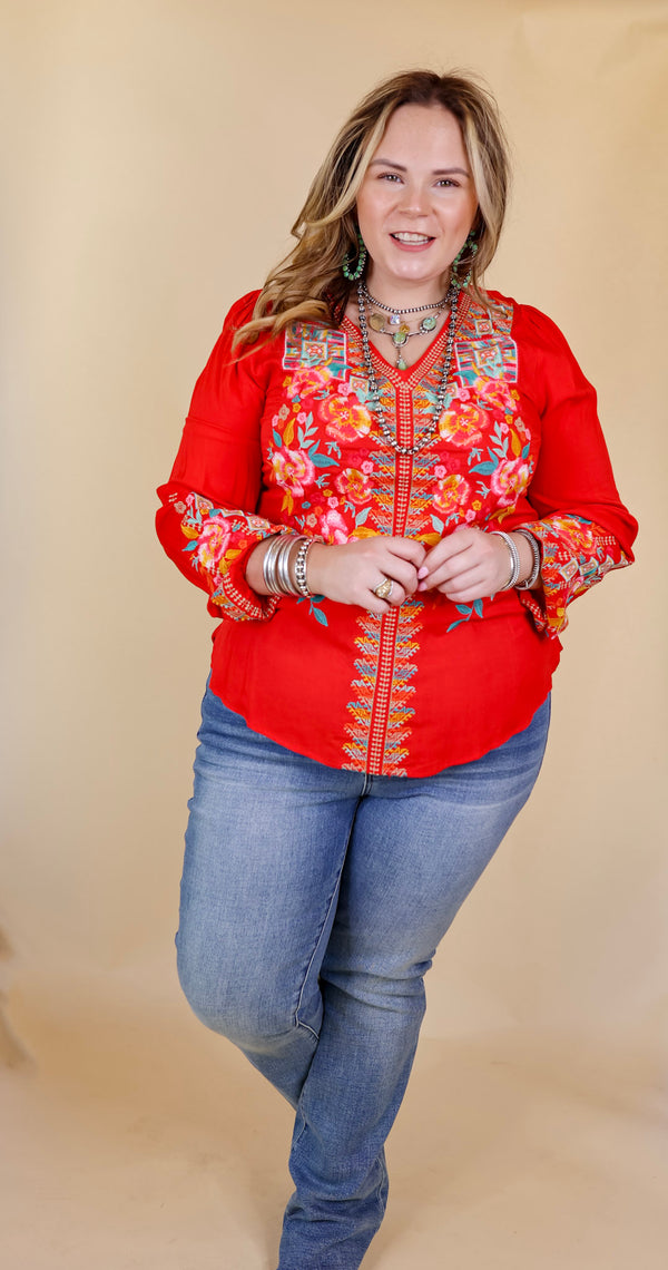 Brunch With Me Long Sleeve Embroidered Top with V Neckline in Red