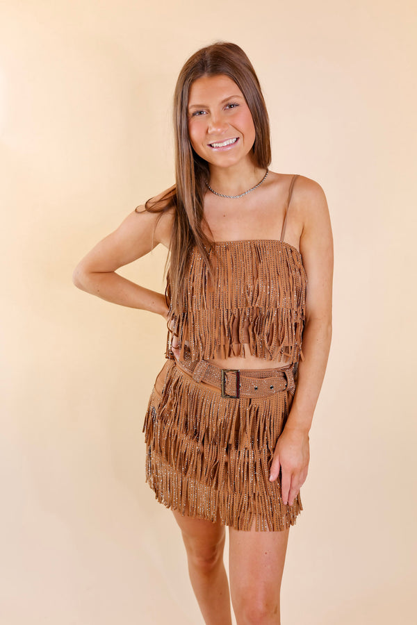 Cowboy Killer Crystal Fringe Crop Top in Camel Brown