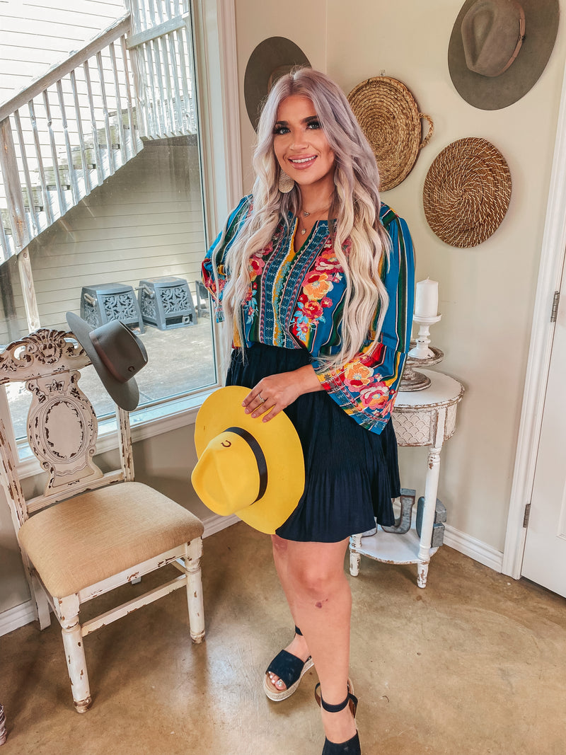 Give Me Color Floral Embroidered Bell Sleeve Top in Turquoise Serape