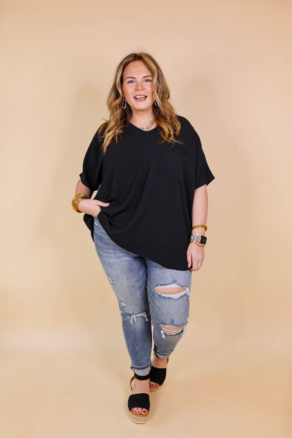Try To Resist Short Sleeve V Neck Top with Front Pocket in Black