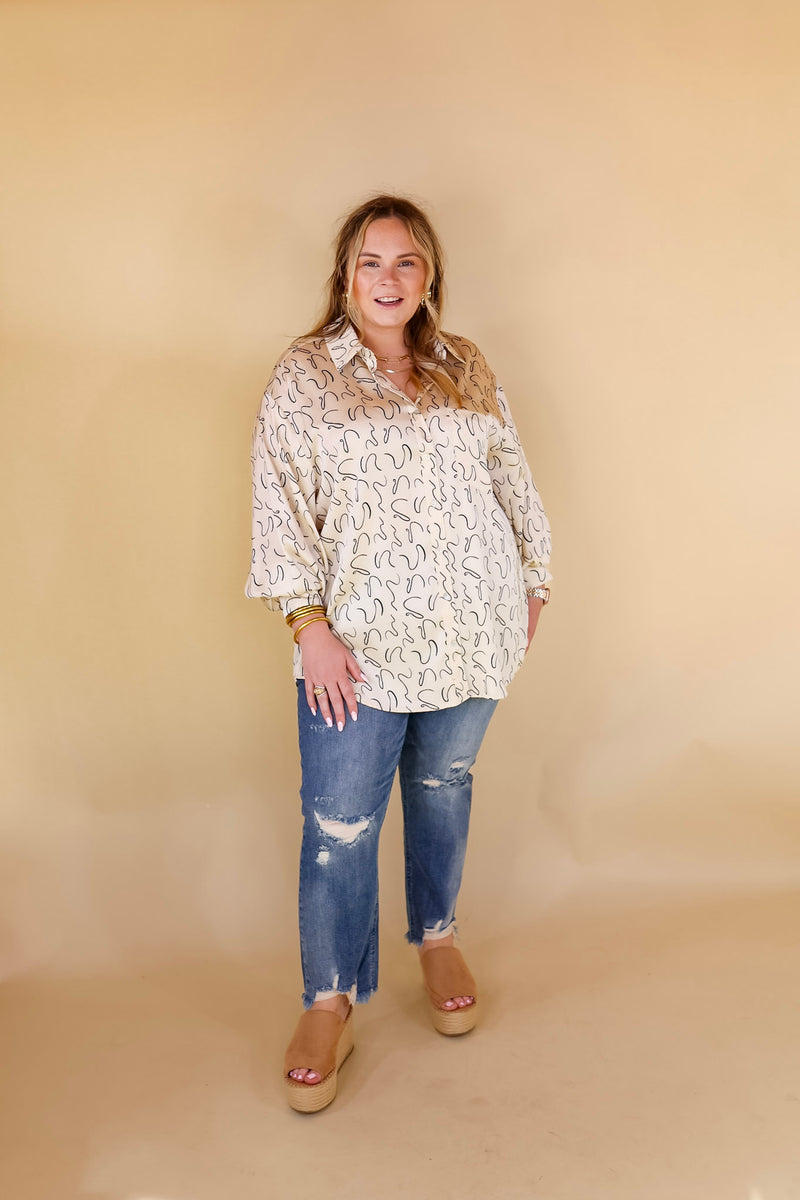 Endlessly Obsessed Satin Button Up Swirl Print Top in Ivory