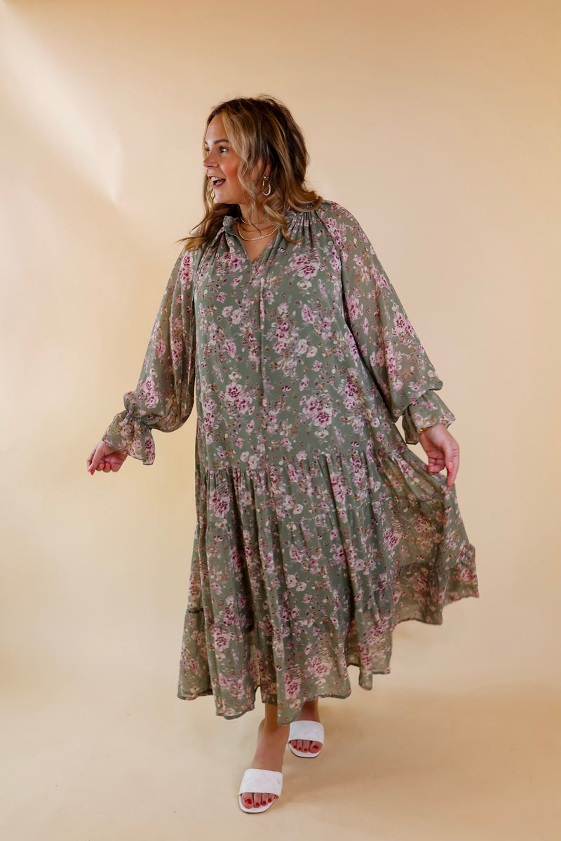 Tuscan Nights Long Sleeve High Neck Floral Midi Dress in Sage