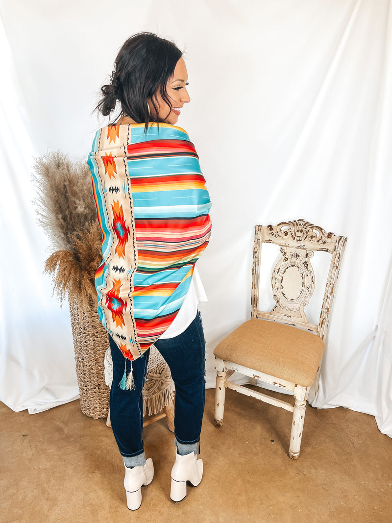 Serape and Aztec Print Wrap with Tassels in Ivory and Blue