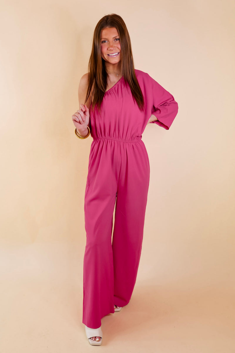 Ready To Wow One Shoulder Wide Leg Jumpsuit in Pink