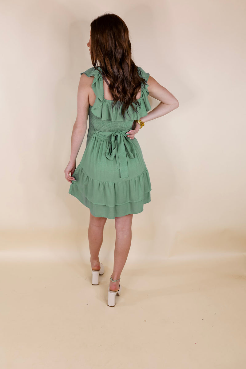 Feeling Refined Ruffle Tiered Dress with Smocked Bodice in Sage Green