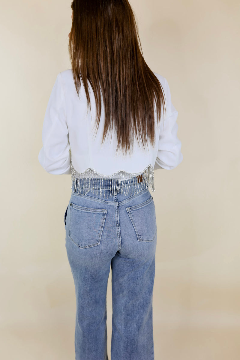 Time For Magic Cropped Blazer with Crystal Fringe Trim in White