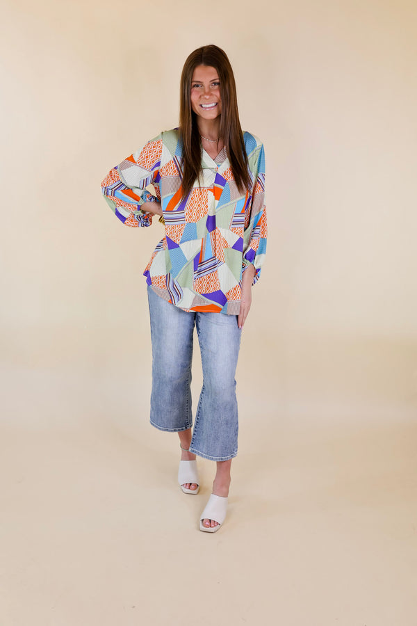 Eyes On Paradise Mix Patch Print Blouse with 3/4 Sleeves in Orange and Blue Mix