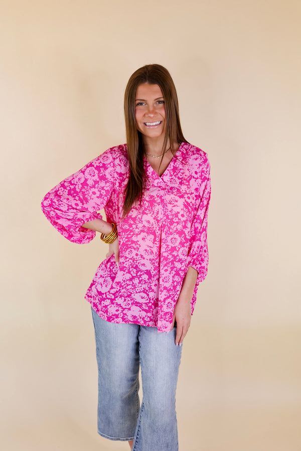 Eyes On Paradise Floral Print Blouse with 3/4 Sleeves in Pink