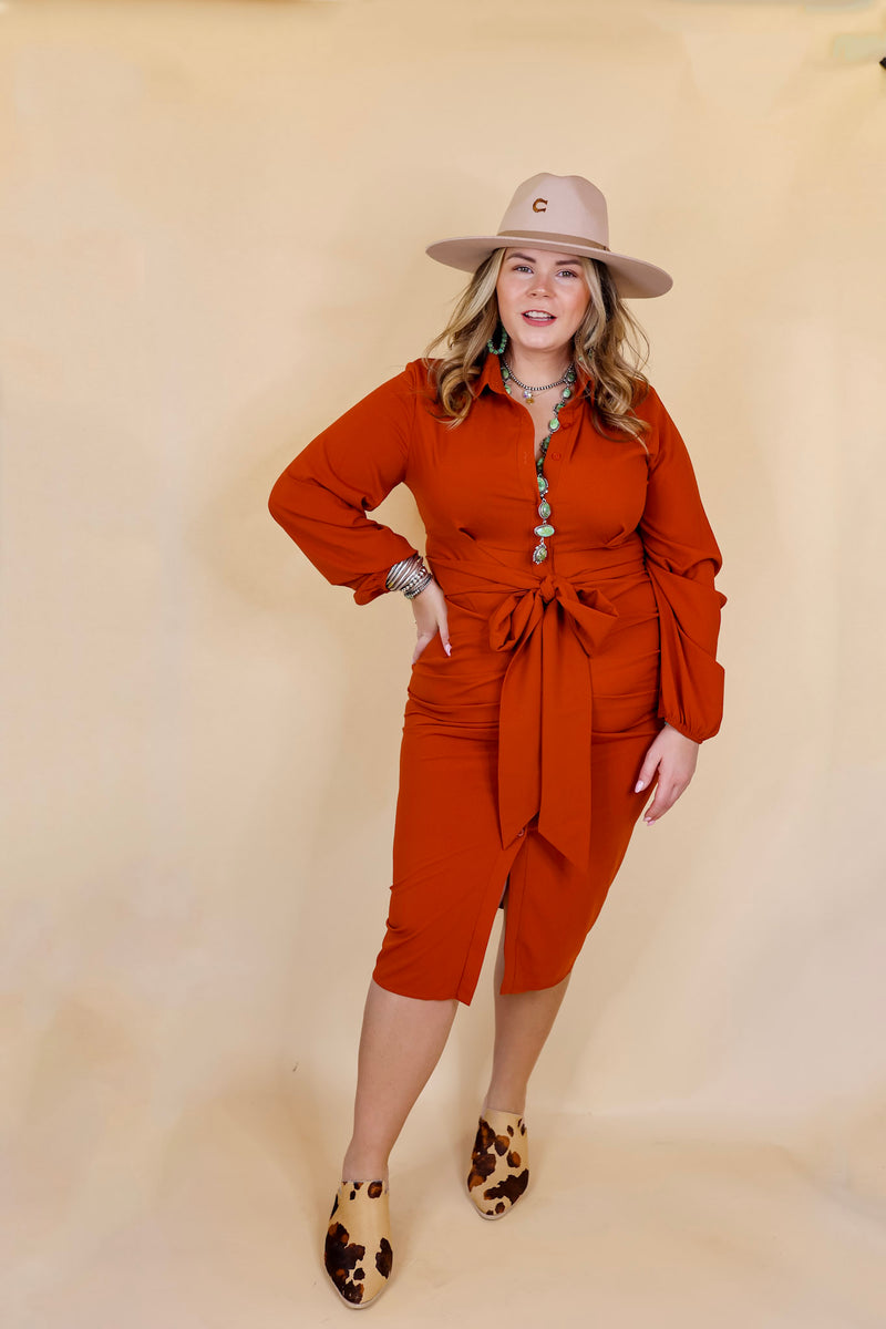 Heart On The Line Button Up Ruched Front Midi Dress with Waist Tie in Rust Orange