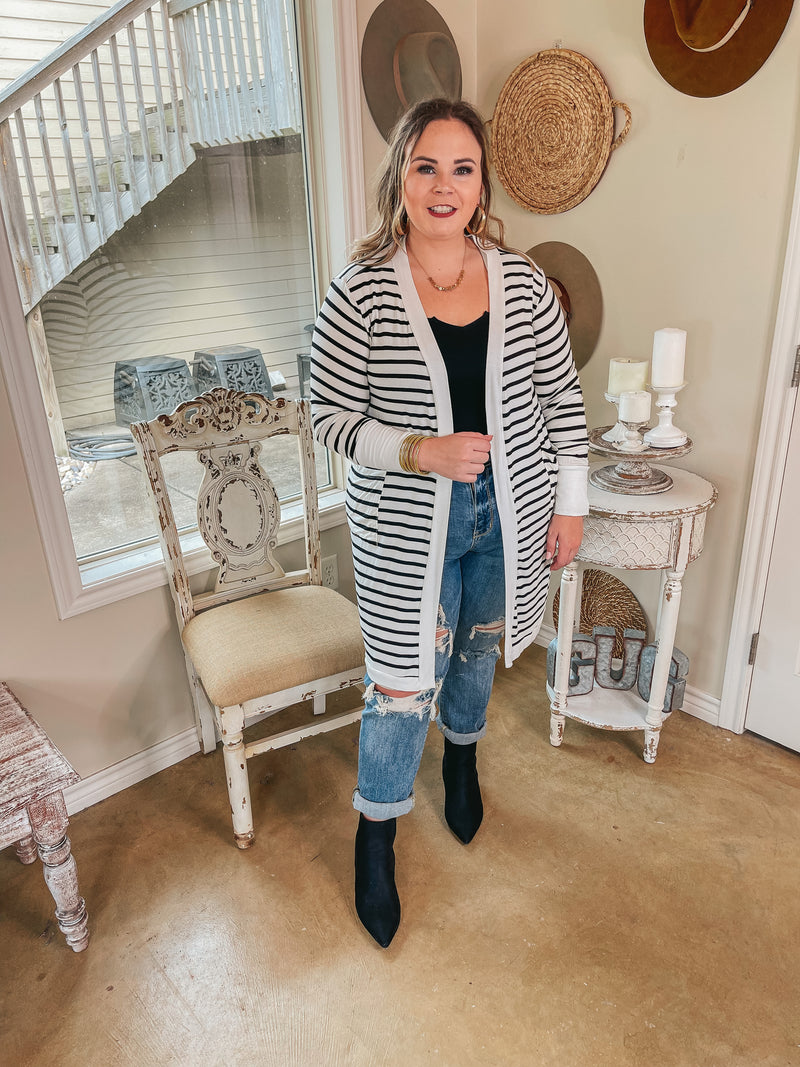 On the Scene Long Sleeve Striped Open Front Cardigan in Ivory