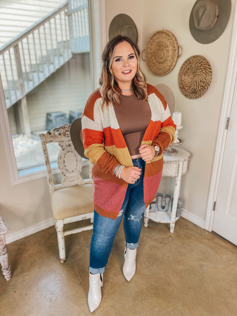 Choosing Cozy Striped Long Sleeve Sweater Cardigan in Rust Mix