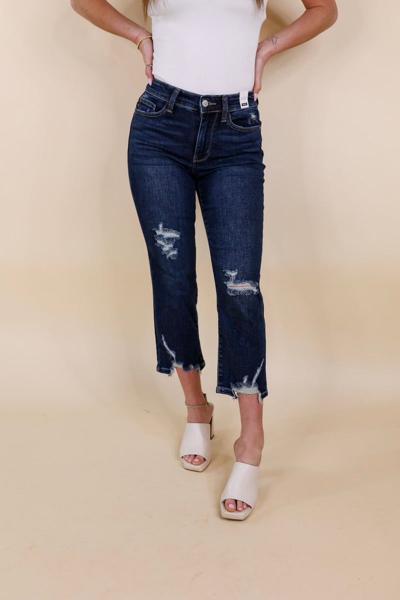 Judy Blue | Express It All Destroy Hem Cropped Straight Jeans in Dark Wash