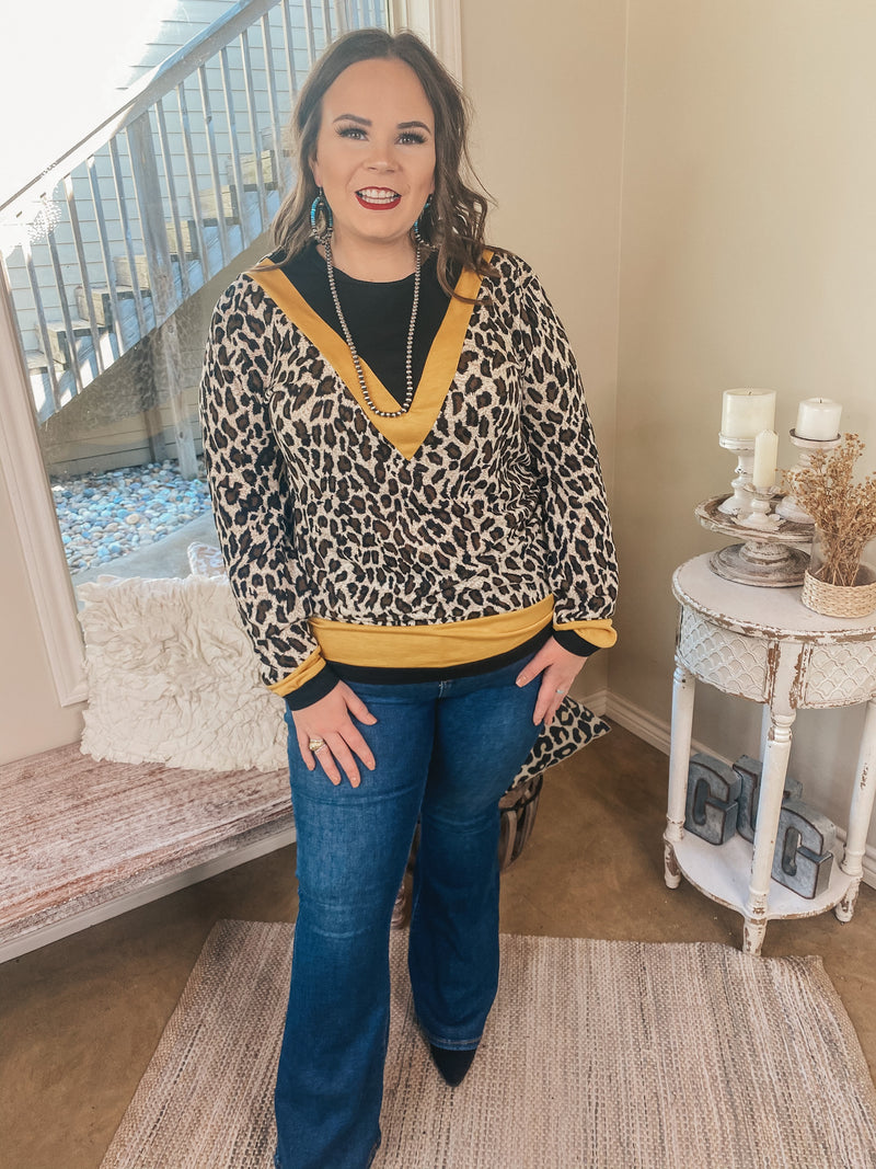 A Wild Mindset Leopard and Black Color Block Top with Yellow Trim