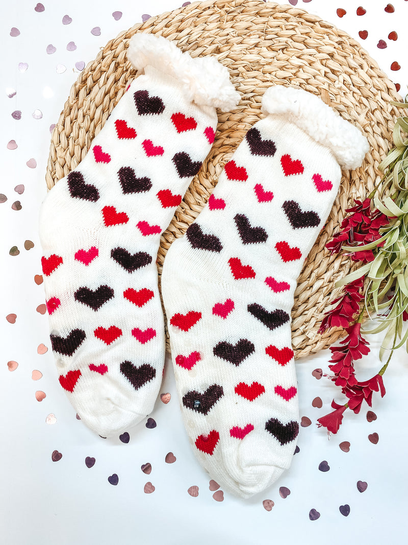 Valentine's Socks | Adult Love You Heart Sherpa Socks in White