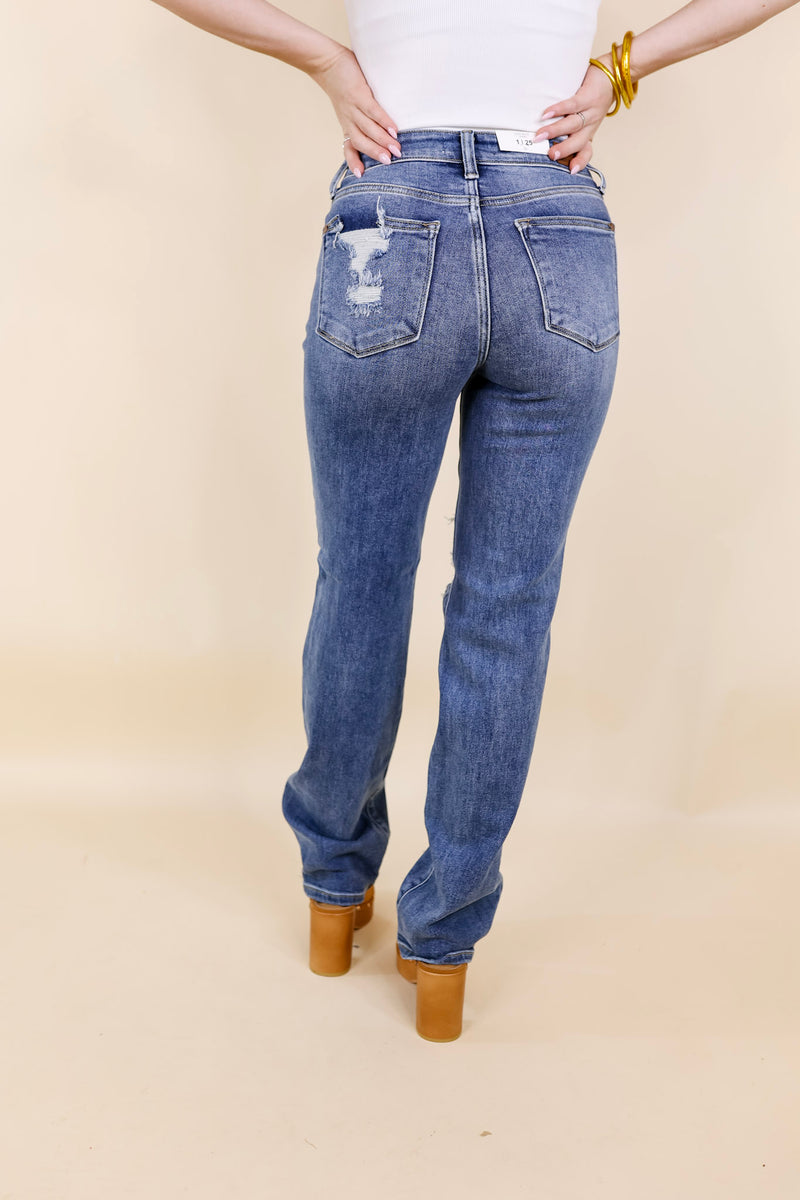 Judy Blue | Making Mischief Distressed Straight Leg Jeans in Medium Wash