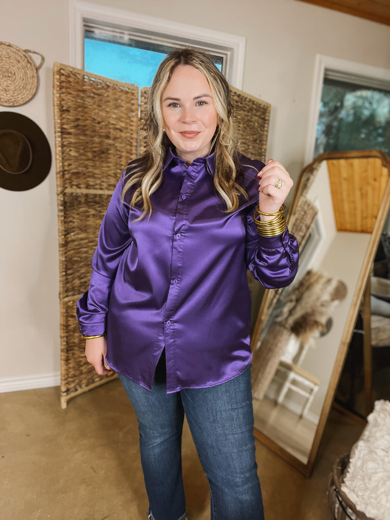 Down To Disco Satin Long Sleeve Button Up Top in Purple