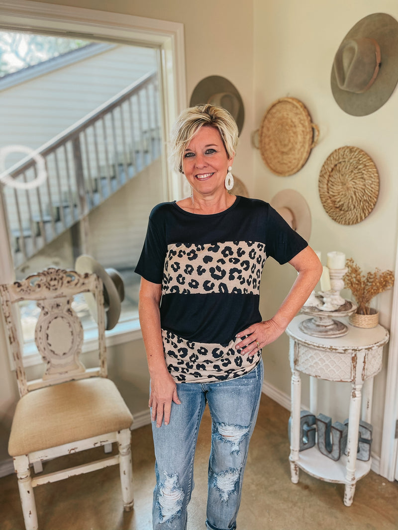 Captured Moments Short Sleeve Leopard Print Block Top in Black