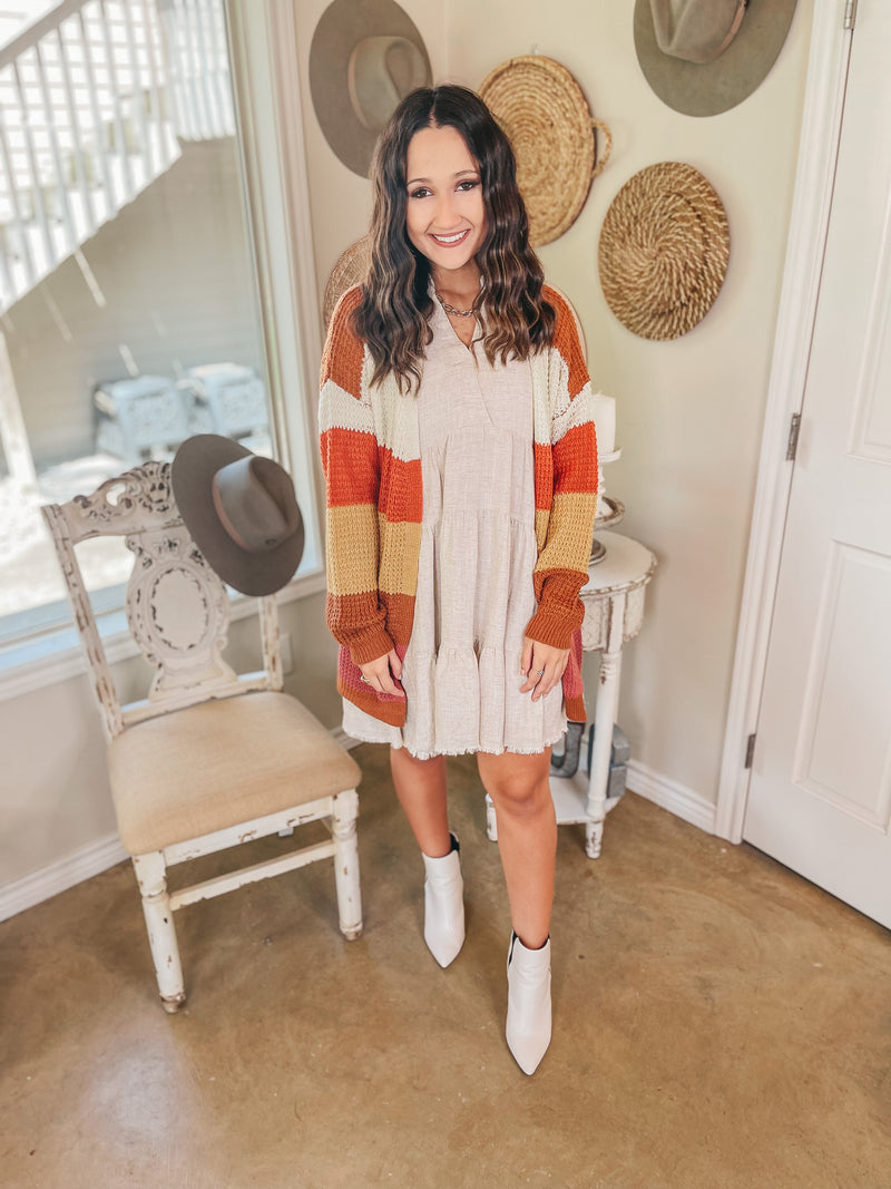 Choosing Cozy Striped Long Sleeve Sweater Cardigan in Rust Mix