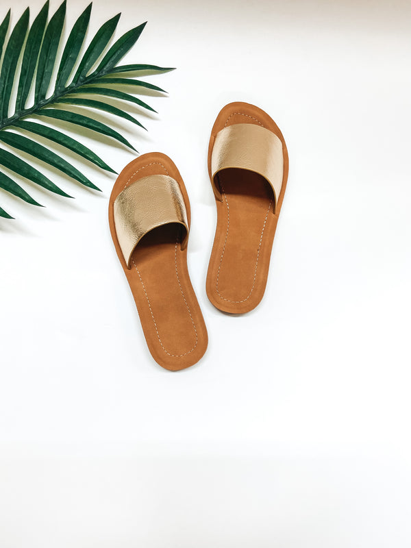 Passing By Single Strap Slide On Sandals in Gold