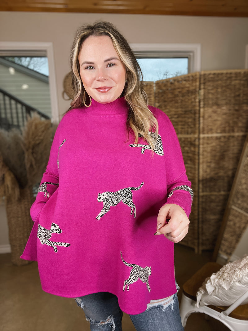 Cheetah Girls Mock Neck Cheetah Print Sweater in Hot Pink
