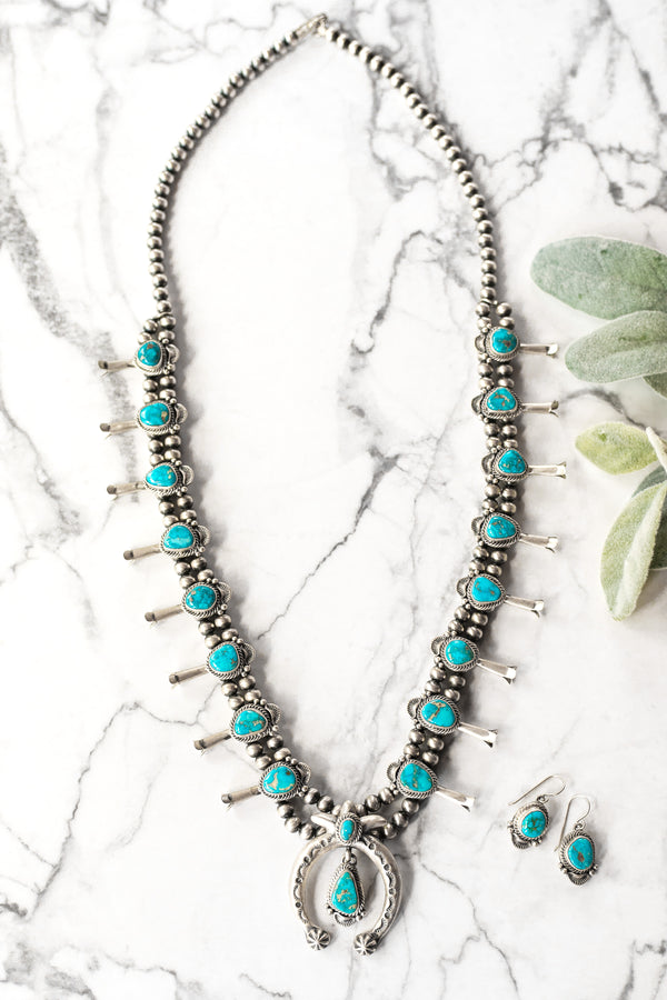 Shirley Henry | Navajo Handmade Sterling Silver & Kingman Turquoise Vintage Squash Blossom Necklace + Matching Earrings