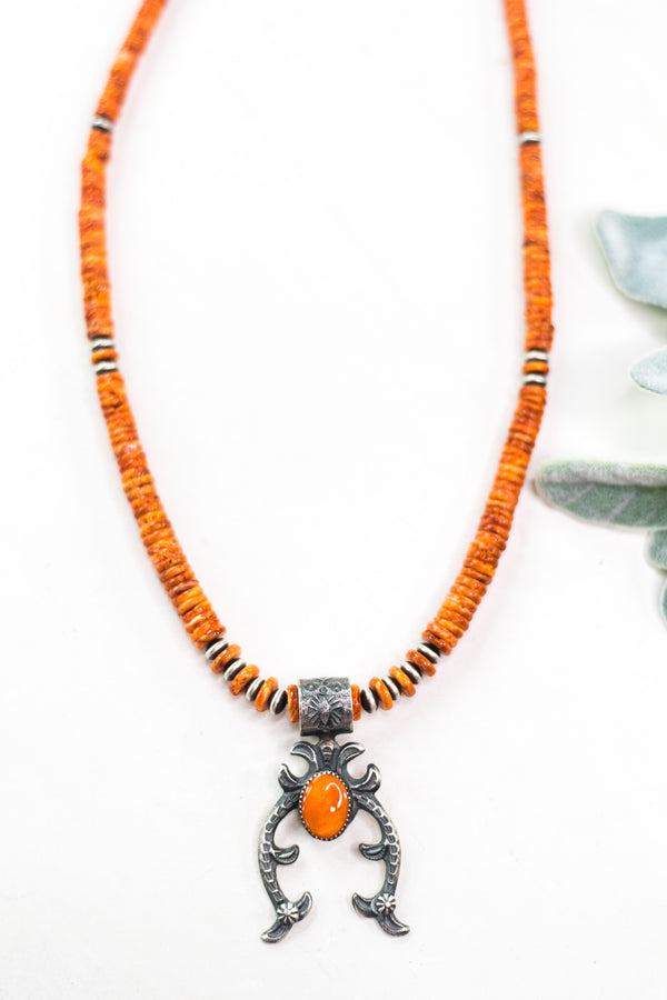 Kevin Billah | Navajo Handmade Sterling Silver Navajo Pearl & Orange Spiny Oyster Necklace with Naja Pendant