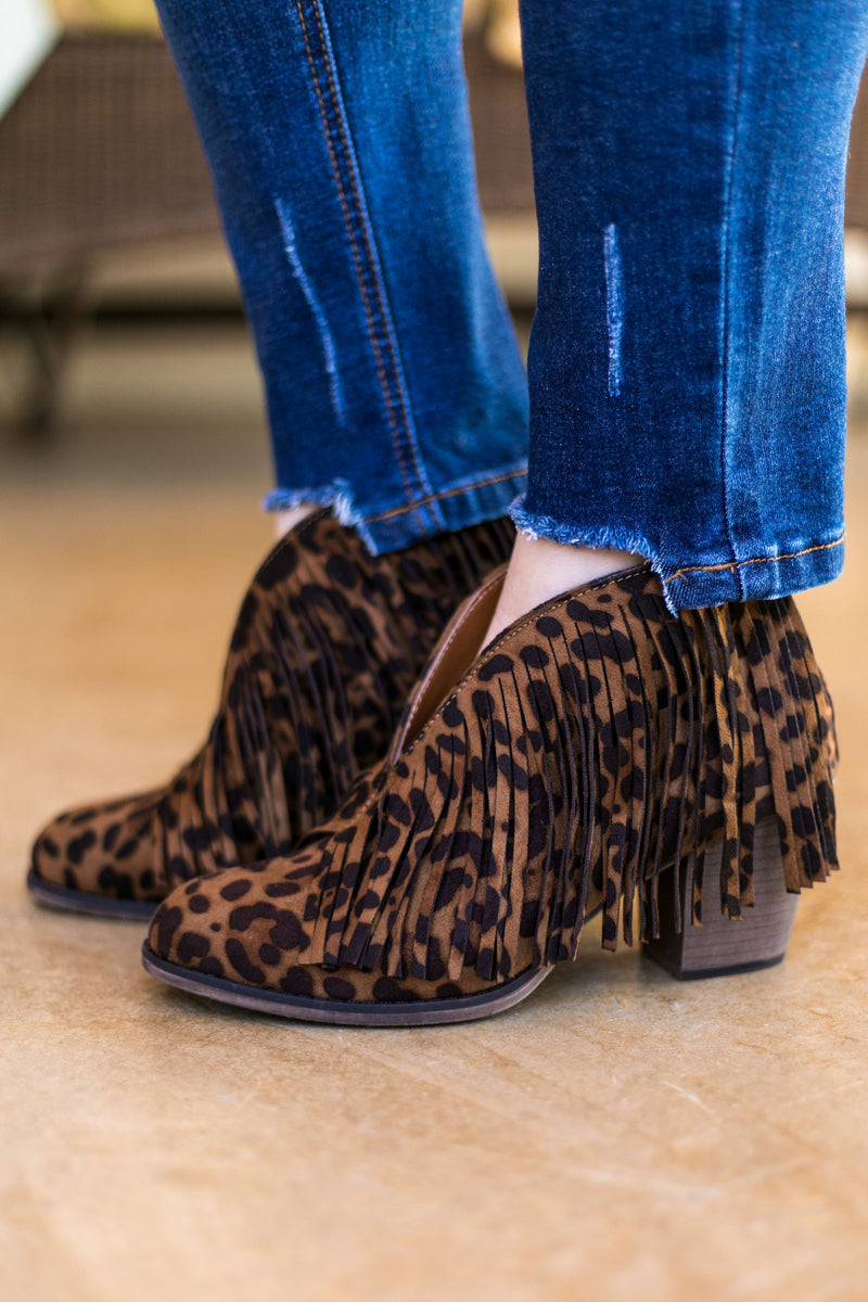 leopard print booties with fringe