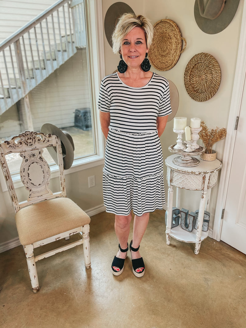 A Night to Remember Striped Ruffle Tiered Short Sleeve Dress in Ivory