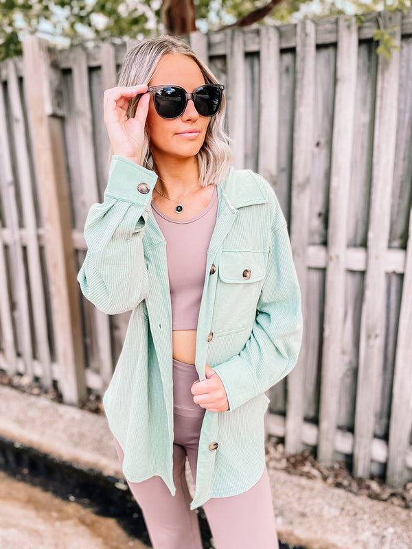 A Place To Unwind Button Up Waffle Knit Shacket in Sage Green