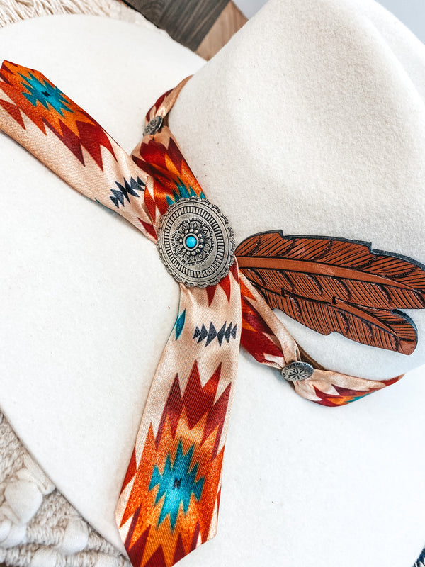 Charlie 1 Horse | Navajo Flat Brim Felt Hat with Tribal Scarf and Leather Feathers in Ivory