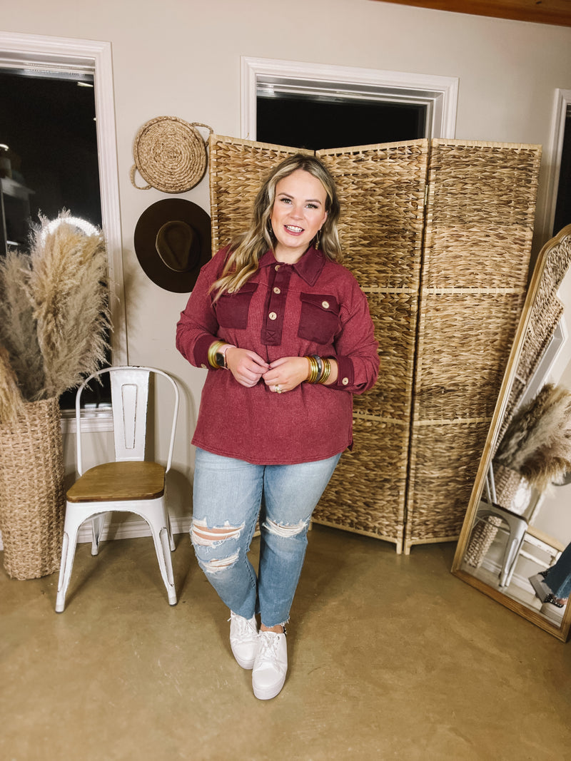 Cozy Welcome Waffle Knit Collared Top with Long Sleeves in Maroon