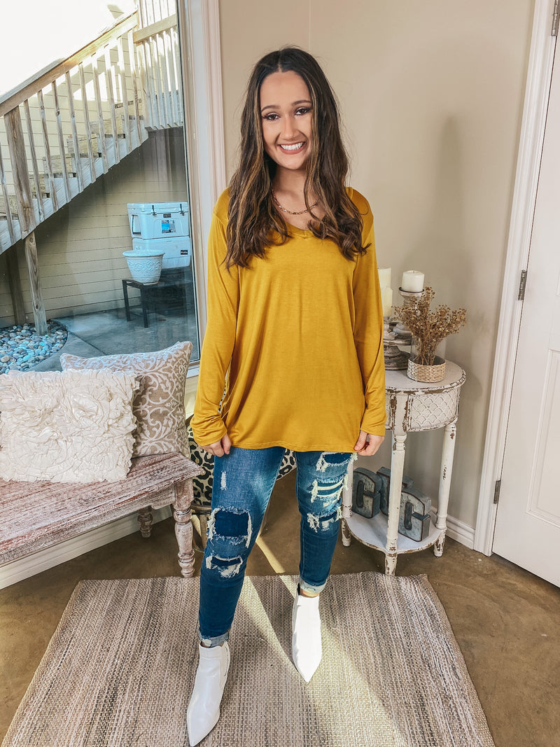 It's That Simple Solid V Neck Long Sleeve Tee in Mustard Yellow